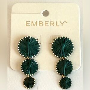 Emberly Gold Tone Linear Green Raffia Disc Earrings NWT